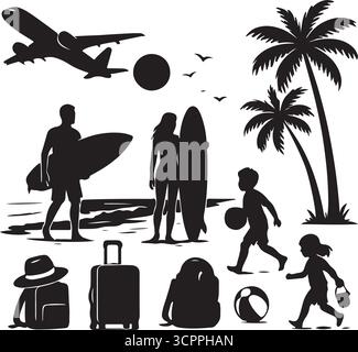 Set di icone minimaliste in bianco e nero per la spiaggia e le vacanze estive Illustrazione Vettoriale