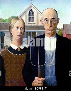 Grant Wood, American Gothic, 1930, iconico capolavoro regionalista che simboleggia il ritratto rurale. Illustrazione Vettoriale