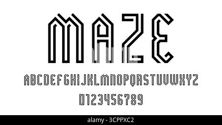 Set di lettere e numeri di carattere moderno design astratto con illustrazione vettoriale concetto labirinto di linee Illustrazione Vettoriale