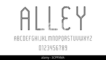 Set di lettere e numeri di carattere moderno design astratto con illustrazione vettoriale concetto labirinto di linee Illustrazione Vettoriale