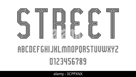 Set di lettere e numeri di carattere moderno design astratto con illustrazione vettoriale concetto labirinto di linee Illustrazione Vettoriale