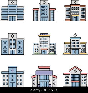 Illustrazioni del set di icone della costruzione dell'ospedale Illustrazione Vettoriale