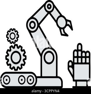 Icona della mano e dell'ingranaggio del robot che rappresenta l'automazione e la tecnologia robotica Illustrazione Vettoriale