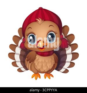 Tacchino simpatico personaggio del bambino con cappello rosso e sciarpa in stile cartoni animati vettoriali. Piume marroni vivaci con dettagli giocosi. Ideale per la stampa autunnale dei bambini o. Illustrazione Vettoriale