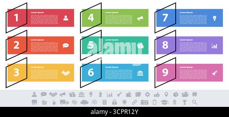 Infografico business design concept illustrazione vettoriale con 9 opzioni o le fasi o processi rappresentano il flusso di lavoro o schema o il pulsante web banner Illustrazione Vettoriale