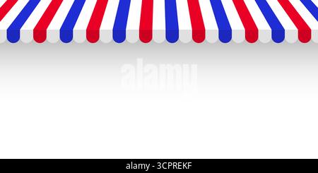 Scopri la tendina parasole. Tende da caffè a righe realistiche. Tenda all'aperto del mercato. Tettoia del tetto in colori bandiera francese. Negozio estivo. Illustrazione vettoriale. Illustrazione Vettoriale