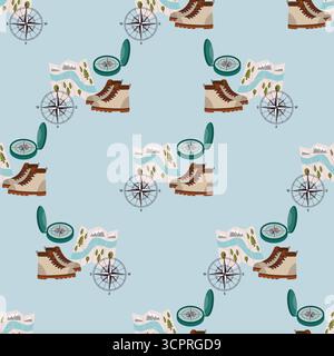 Campeggi senza cuciture con mappa, scarponcino da trekking, bussola e rosa bussola su sfondo blu in ordine di pois. Design piatto in stile cartone animato per tessuti, Illustrazione Vettoriale