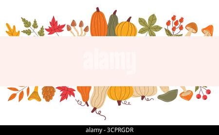 Poster orizzontale autunnale con bordi decorativi di foglie, zucche, funghi e frutti di bosco in stile cartoni animati piatto. Telaio di raccolta stagionale per fes. Autunnali Illustrazione Vettoriale