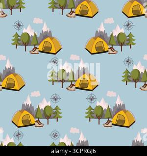 Motivo senza cuciture con tema campeggio con tenda, scarponi da trekking, rosa bussola, montagne e alberi su sfondo blu in ordine di pois. Cartoo piatto Illustrazione Vettoriale