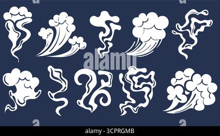 Set di fumetti fumettistici, vapore da fumo, nuvole di profumo dalle silhouette bianche in stile cartoni animati piatto. Simpatico clipart disegnato a mano per fumetti, design, sfondo, Illustrazione Vettoriale