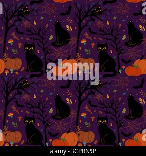 Motivo Halloween vettoriale senza cuciture con gatti neri, zucche, pipistrelli, ragnatele, alberi, funghi e foglie autunnali su sfondo viola scuro. Illustrazione Vettoriale