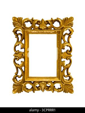 Cornice rettangolare vintage decorata in stile barocco dorato ritagliata su sfondo bianco Foto Stock