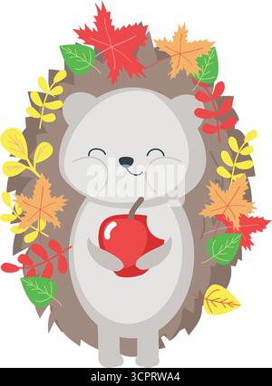 Hedgehog in foglie che mangiano l'icona piatta del vettore di mele Illustrazione Vettoriale