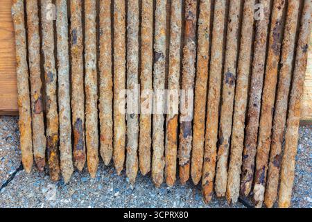 Fila di chiodi lunghi vecchi rivestiti di ruggine rimossi da un terreno umido su sfondo in legno e pietre per pavimentazione. Foto Stock