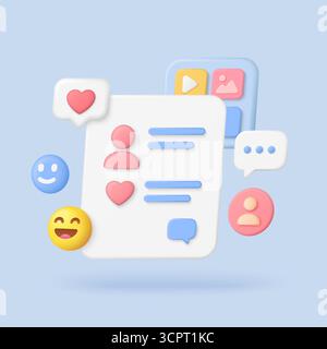 Moderna interfaccia di social media 3d con bolle di chat, cuore, sorrisi, icone utente e pulsanti multimediali su sfondo luminoso isolato per la comunicazione digitale e l'illustrazione dei vettori di rete Illustrazione Vettoriale