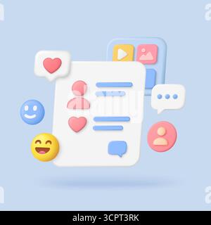 Moderna interfaccia di social media 3d con bolle di chat, cuore, sorrisi, icone utente e pulsanti multimediali su sfondo luminoso isolato per la comunicazione digitale e l'illustrazione dei vettori di rete Illustrazione Vettoriale