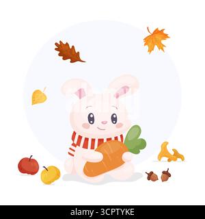 Composizione della lepre autunnale con carote mele foglie e noci Illustrazione Vettoriale
