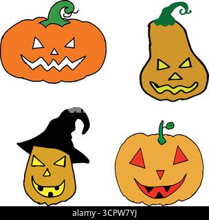 Set vettoriale Halloween Pumpkin fatto a mano per disegni autunnali spettrali Illustrazione Vettoriale