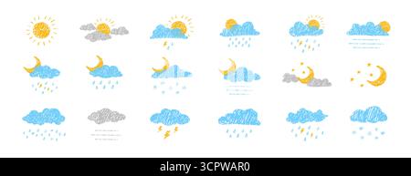 Nuvole di matite astratte. Schizzo realistico disegnato con gesso di sole, luna, stelle e altri elementi del cielo. Consistenza infantile. Simboli per le previsioni del tempo. Set (Imposta) Illustrazione Vettoriale