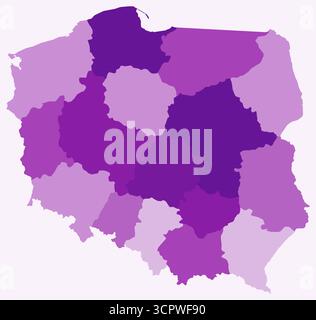 Mappa della Polonia con le regioni. Solo una semplice mappa di confine con la divisione della regione. Tavolozza dei colori viola. Illustrazione Vettoriale