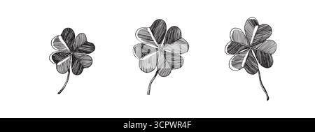 Clover lascia lo schizzo. Icone decorative a foglia di sceleton. Illustrazione vettoriale disegnata a mano. Stile art minimalista. Elementi del giorno di San Patrizio Illustrazione Vettoriale