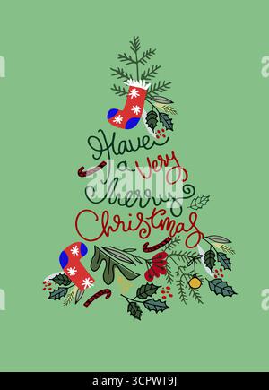 Biglietto di auguri di Natale. Albero di Natale con calze natalizie, rami agrifoglio, ornamenti e saluti scritti a mano Illustrazione Vettoriale