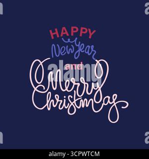 Buon anno e buon Natale. Lettere a mano su sfondo blu Illustrazione Vettoriale