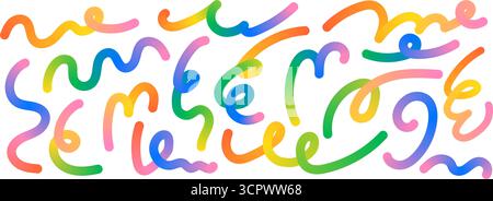 Set vettoriale doodle con nastro sfumato. Forme a vortice colorate e motivi a linee ondulate per vivaci design per bambini. Elementi vettoriali squiggly Illustrazione Vettoriale