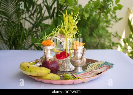 Tika e Jamara sono stati messi in un utensile d'argento con germogli d'orzo, soldi e frutta per la cerimonia Vijaya Dashami durante il festival Dashain in Nepal. Foto Stock