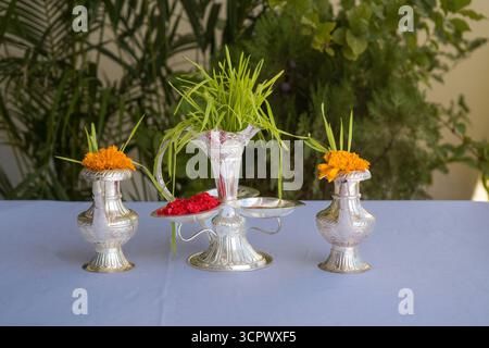 Tika e Jamara sono stati messi in un utensile d'argento con germogli d'orzo, soldi e frutta per la cerimonia Vijaya Dashami durante il festival Dashain in Nepal. Foto Stock