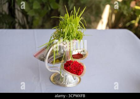 Tika e Jamara sono stati messi in un utensile d'argento con germogli d'orzo, soldi e frutta per la cerimonia Vijaya Dashami durante il festival Dashain in Nepal. Foto Stock