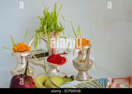 Tika e Jamara sono stati messi in un utensile d'argento con germogli d'orzo, soldi e frutta per la cerimonia Vijaya Dashami durante il festival Dashain in Nepal. Foto Stock