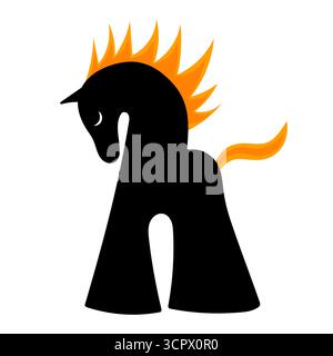 Silhouette Fiery Horse. Il cavallo nero presenta una criniera arancione ardente a forma di fiamme e una coda arancione brillante, che gli conferisce un aspetto potente. Illustrazione Vettoriale