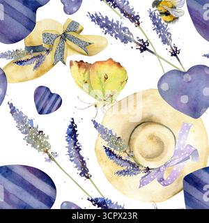 Cappelli di paglia con fiocchi di nastro di lavanda, cuori rustici, farfalle, fiori singoli di lavandula. Motivo senza cuciture disegnato a mano in acquerello. Matrimonio Foto Stock