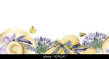 Cappello di paglia con fiori di lavandula lavanda, fiocco a nastro in pizzo. Ampi rifinimenti, fascino boho estivo. Illustrazione del banner isolata senza giunzioni disegnata a mano Foto Stock