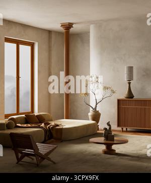 Le tonalità calde e i mobili minimalisti definiscono questo salotto interno scandinavo, combinando texture naturali con eleganza senza tempo. Illustrazione 3D. Foto Stock
