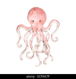 Sotto il mare. Illustrazione ad acquerello disegnata a mano con polpo. Animali e piante del mondo sottomarino. Celebrazioni a tema marino. Carino cartone animato eleme Foto Stock