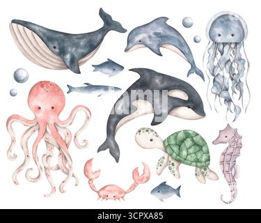 Sotto il mare. Clip art disegnate a mano con acquerello e vita marina: Balene, orche, delfini, polpi, meduse, tartaruga, cavalluccio marino, granchio, pesce. Animali Foto Stock