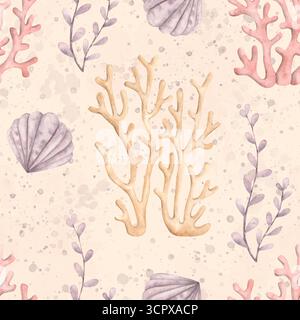 Sotto il mare. Acquerello disegnato a mano con motivi senza cuciture con coralli, alghe, conchiglie e acquerelli su sfondo pastello. Animali e piante Foto Stock