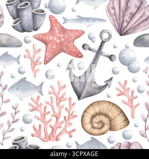Sotto il mare. Acquerello disegnato a mano senza cuciture con ancora, corallo, alghe marine, conchiglie, pesci e bolle su sfondo bianco. Animali e piani Foto Stock