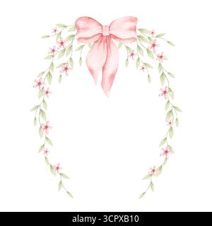 E' una ragazza. Acquerello corona ovale disegnata a mano con foglie di arco e tenerezza e fiori rosa. Illustrazione per la doccia del bambino di design, il sesso rivela par Foto Stock