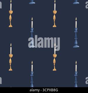 Lo Schiaccianoci. Acquerello disegnato a mano senza cuciture con candelabri e candele blu e gialle. Stravagante stampa natalizia su pancetta blu per Foto Stock