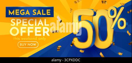 Offerta speciale Mega sale: Cinquanta centesimi. 50% di sconto su uno sfondo giallo e blu vibrante. Illustrazione vettoriale. Illustrazione Vettoriale
