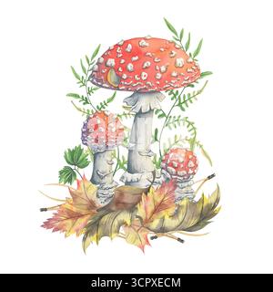 Sgabelli con fogliame autunnale, felce e aghi. Illustrazione dipinta a mano di funghi. Composizione ad acquerello con pittoresche amanitas. Perfetto Foto Stock
