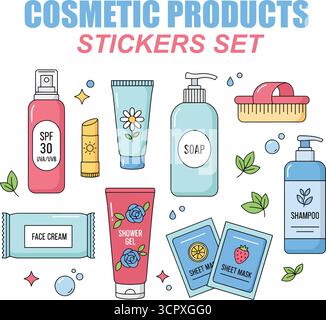 Set di adesivi per prodotti cosmetici. Collezione di articoli per la cura della pelle e dell'igiene femminile. Shampoo, maschera, spray spf, siero, spazzola e altri elem. Estetici Illustrazione Vettoriale
