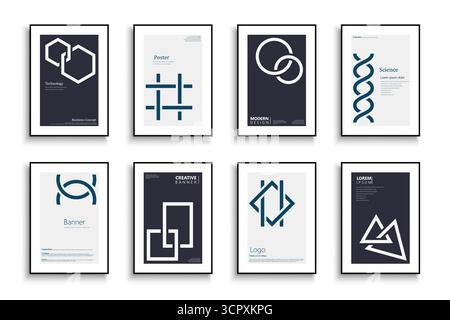 Raccolta di copertine geometriche, modelli, sfondi, cartelloni, opuscoli, banner, volantini, riviste. Poster creativi con simboli Illustrazione Vettoriale