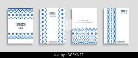 Collezione di copertine ornamentali tradizionali, modelli, cartelloni, opuscoli, striscioni, sfondi. Manifesti nativi con stampa ornata blu e cultura Illustrazione Vettoriale