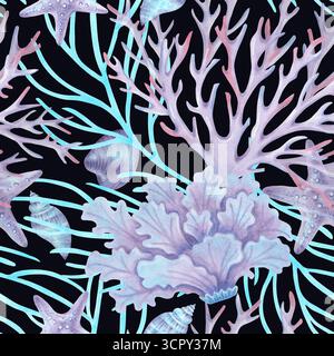 Motivo marino senza cuciture con coralli, conchiglie, stelle marine e alghe marine. Illustrazione ad acquerello di animali subacquei. Immagine isolata disegnata a mano Foto Stock