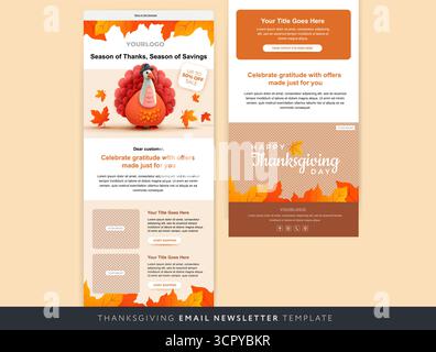 Modello di newsletter marketing tramite e-mail di ringraziamento saldi - turchia pellegrino di ringraziamento e foglie autunnali - illustrazione vettoriale di colore giallo arancione Illustrazione Vettoriale