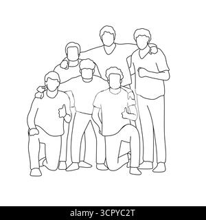 Gruppo di sei persone in piedi insieme vettore illustrato disegnato a mano con linee nere Illustrazione Vettoriale